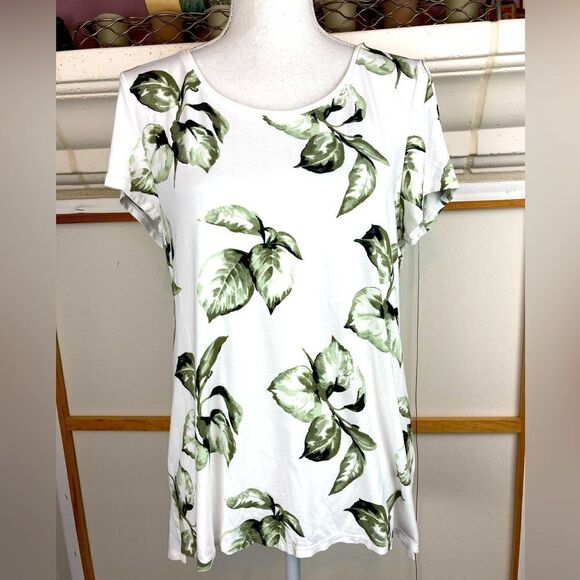 White House Black Market Tops - WHBM elegant green leaves on white background top